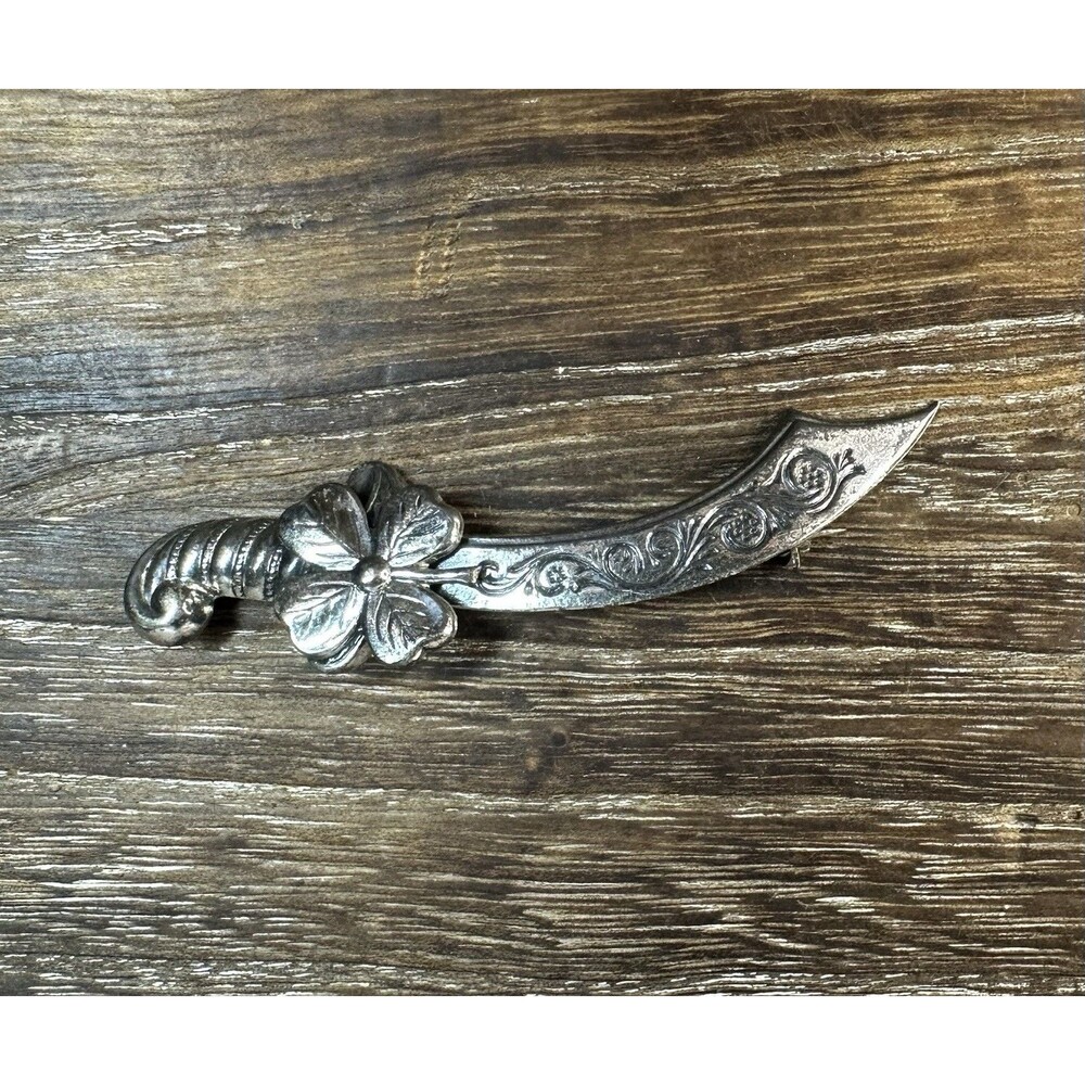 Vintage Sterling Silver Sword Scimitar Four Leaf Clover Floral Brooch Pin